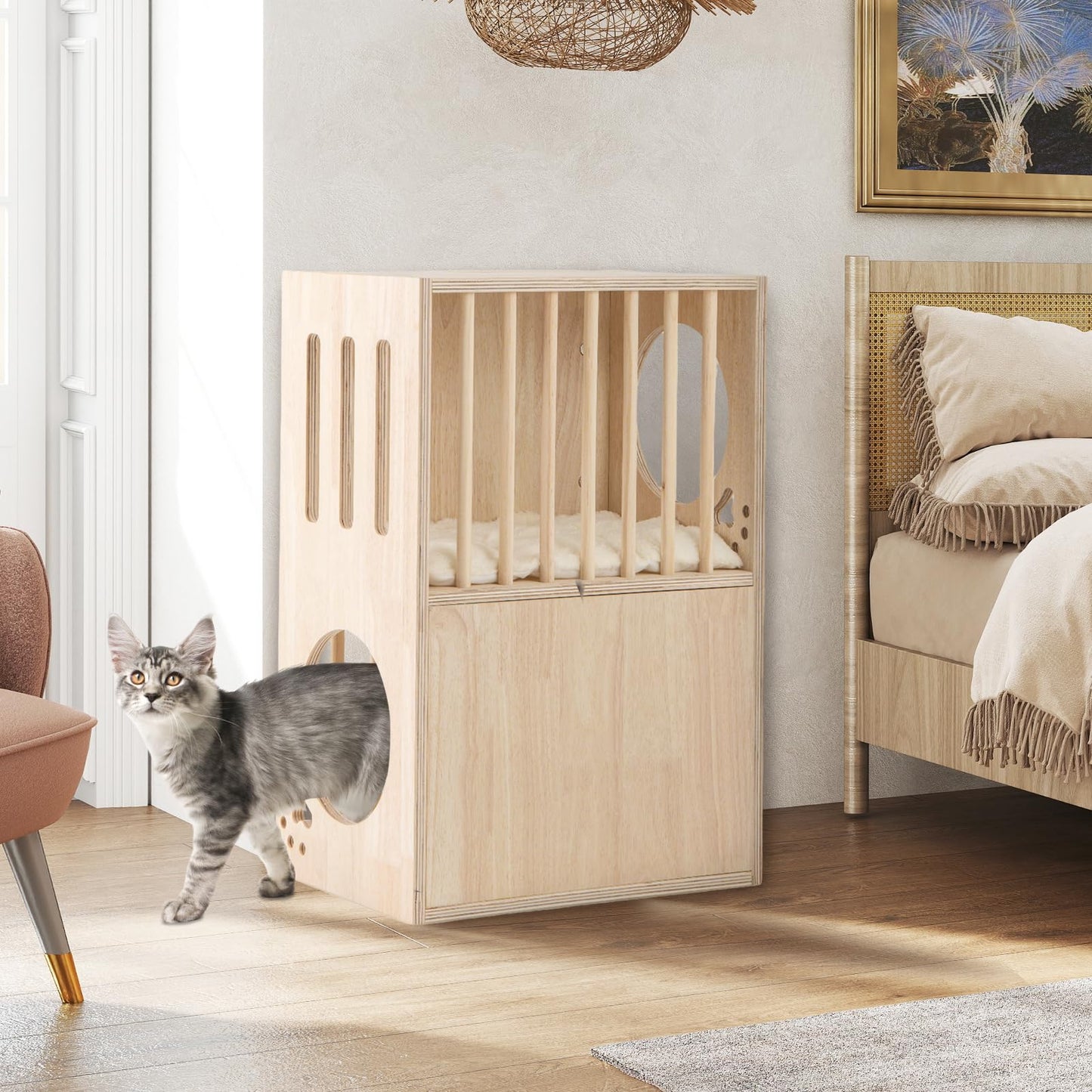 Tangkula 2 Tier Luxury Wood Cat House w/ 2 Washable Plush Cushions