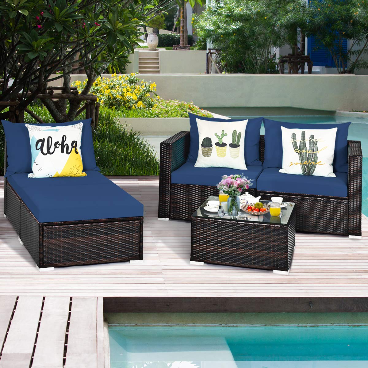 Tangkula 5 Piece Outdoor Patio Furniture Set with Glass Top Coffee Table