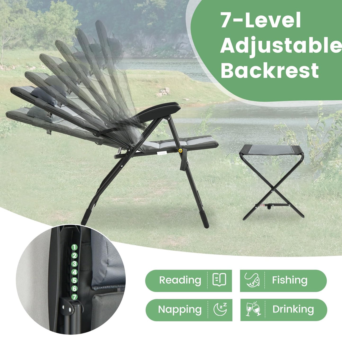 Tangkula Set of 2 Patio Folding Chairs & Ottoman, Padded Lawn Dining Chair Set with 7-Level Adjustable Backrest