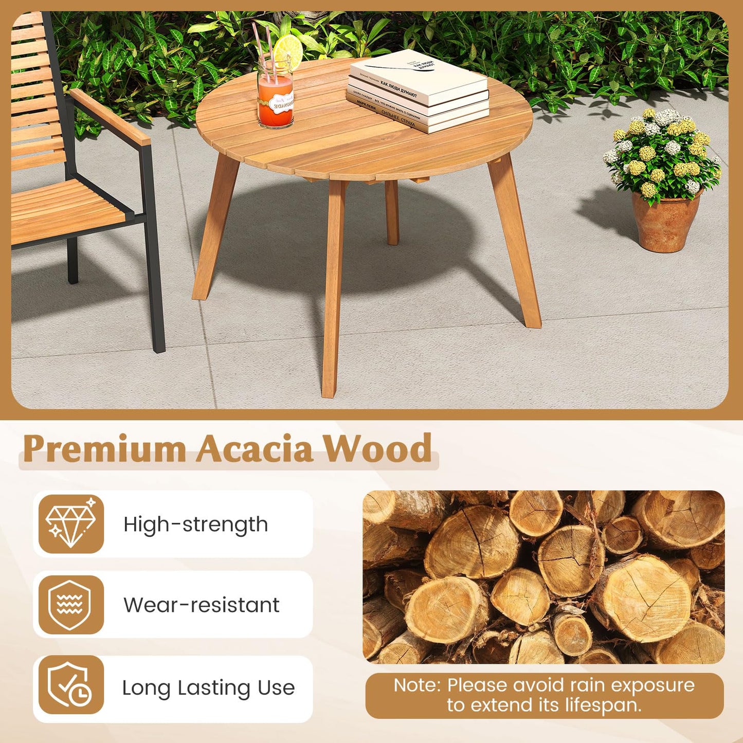 Tangkula Table d'appoint d'extérieur de 24,5 pouces en bois d'acacia, table de bistrot ronde d'appoint pour terrasse