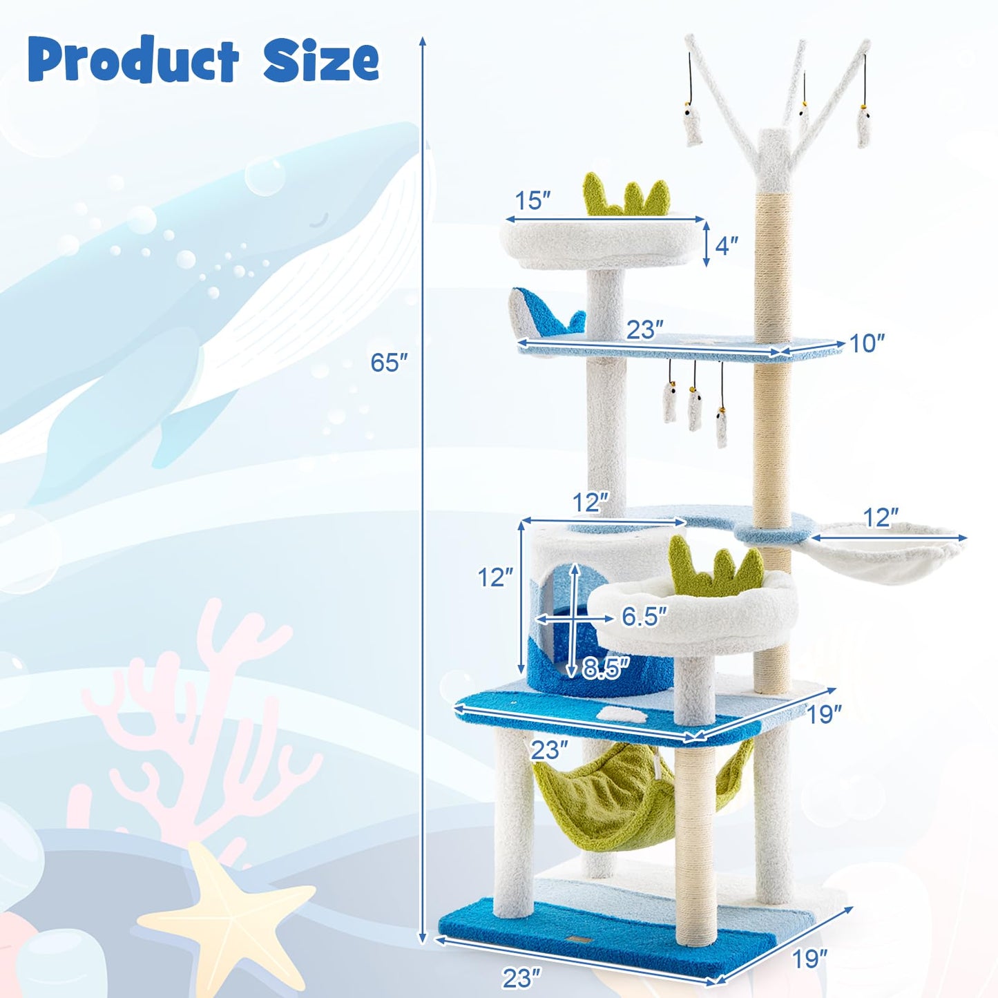 Tangkula Ocean-Themed Cat Tree, Multi-Level Cat Tower with Sisal Scratching Posts, 65"