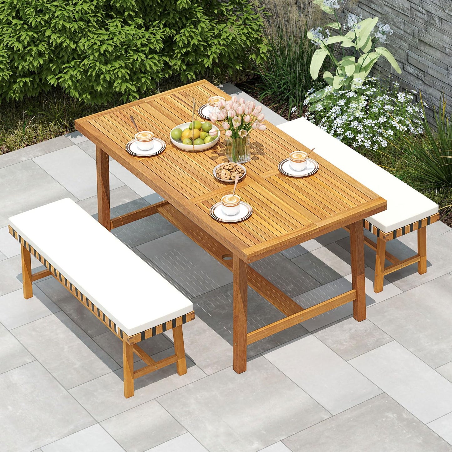Tangkula Acacia Wood Outdoor Bench with Padded Cushion