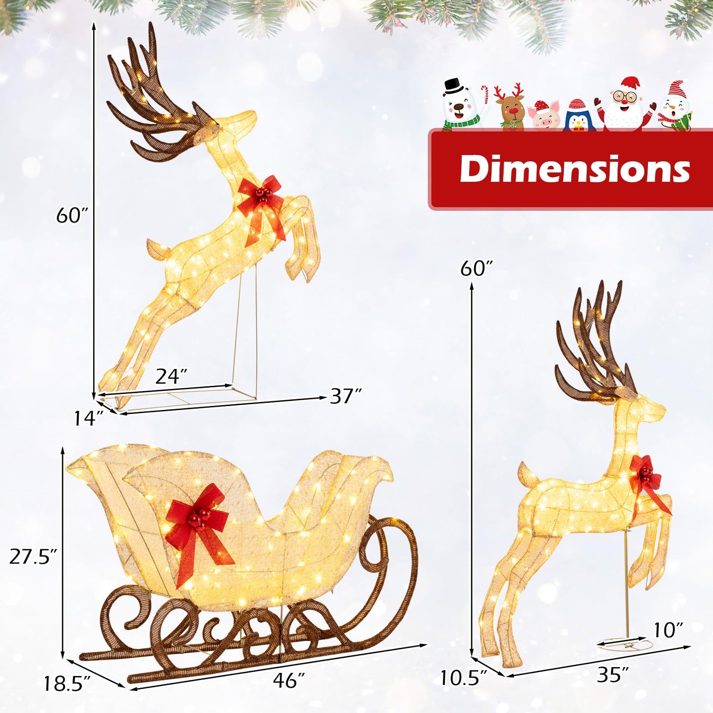 Ensemble de 3 rennes et traîneaux de Noël lumineux Tangkula