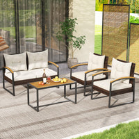 Tangkula 4 Piece Patio Conversation Set, with Heavy Duty Solid Acacia Wood Armrests & Tabletop