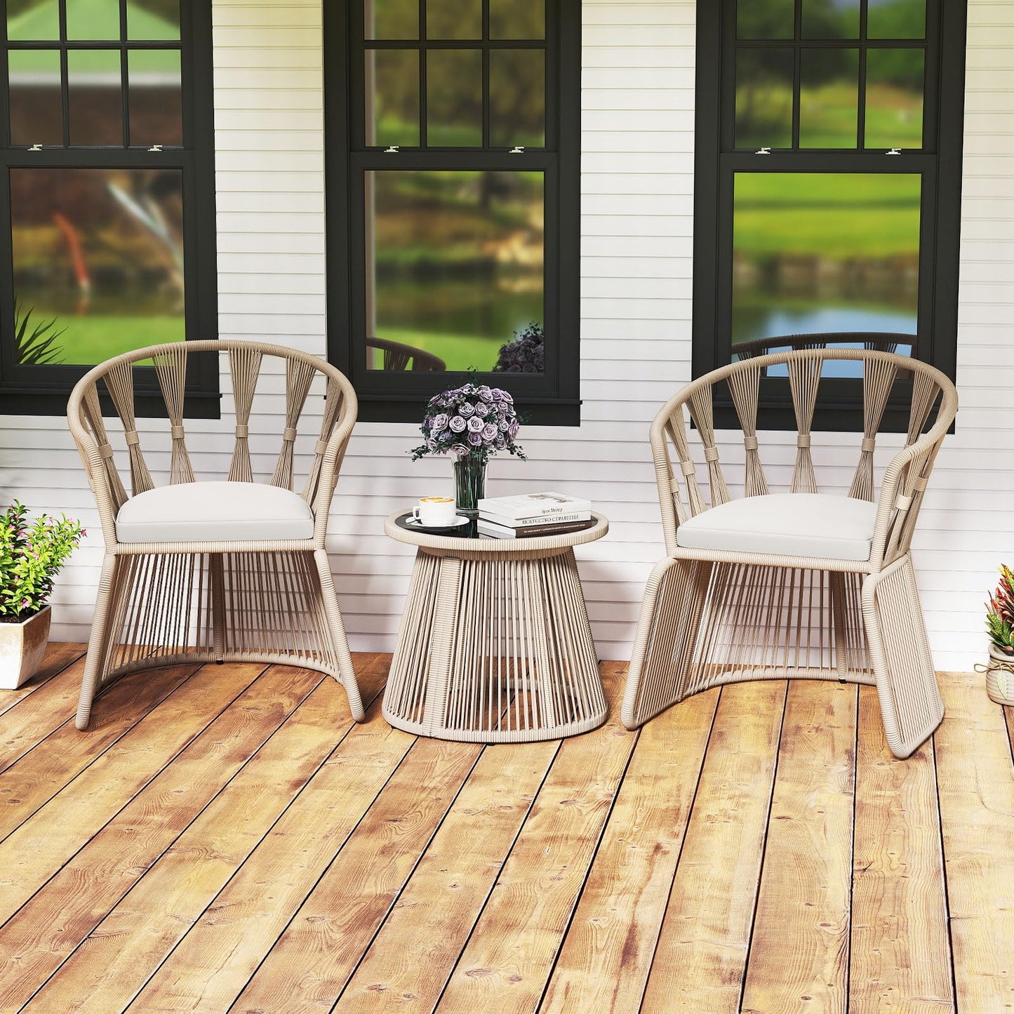 Tangkula 3 Piece Patio Leisure Chair Set with Tempered Glass Tabletop