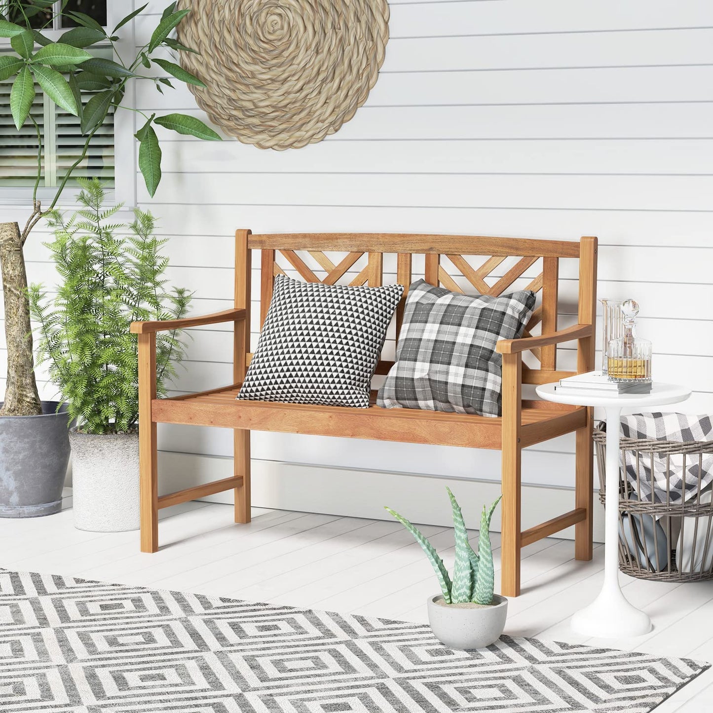 Tangkula Patio Acacia Wood Bench, 2-Person Outdoor Loveseat Chair