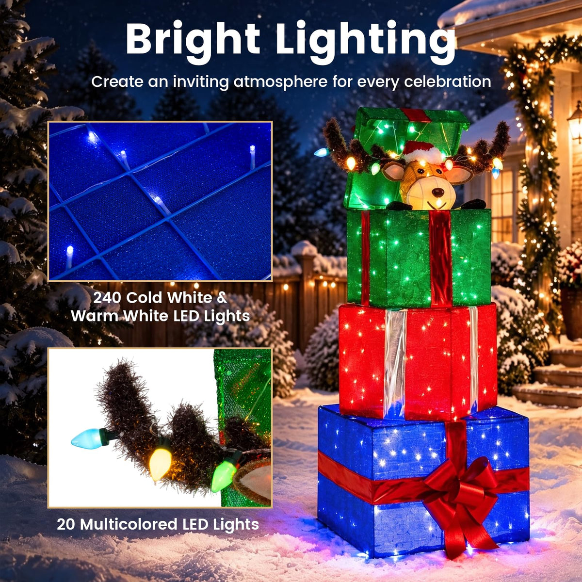 Tangkula Christmas Lighted Animated Pop-up Reindeer in Stacked Gift Boxes
