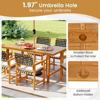 Tangkula 63” Outdoor Acacia Wood Rectangular Table with 1.97” Umbrealla Hole & 2 Cushioned Bench
