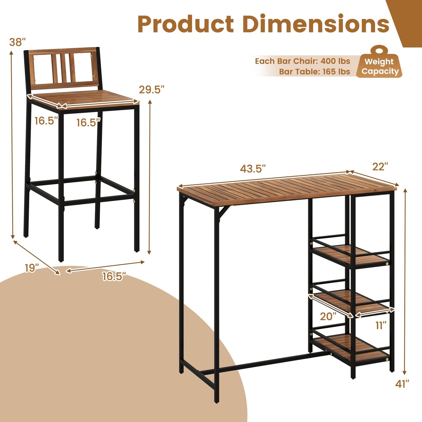 Tangkula 3 Pieces Wood Patio Bar Set with 3 Shelves