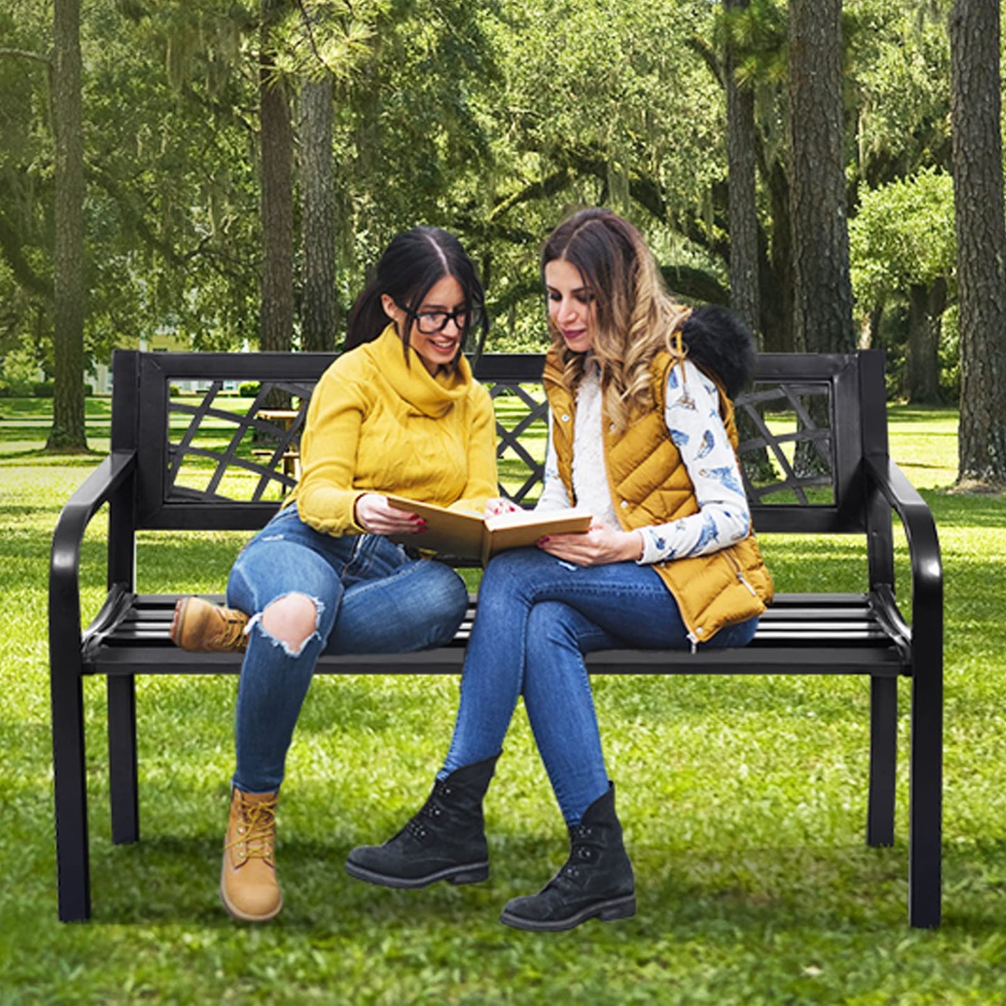 Tangkula Outdoor Garden Bench Park Bench with Steel Frame & PVC Backrest