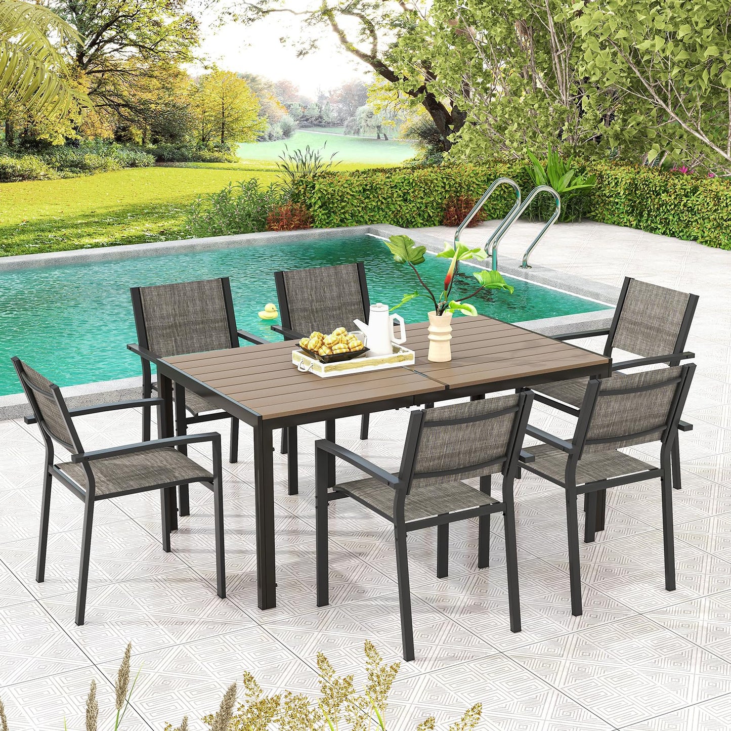 Tangkula Outdoor Rectangle Dining Table, 59” x 35” Large Outside Table with Metal Legs