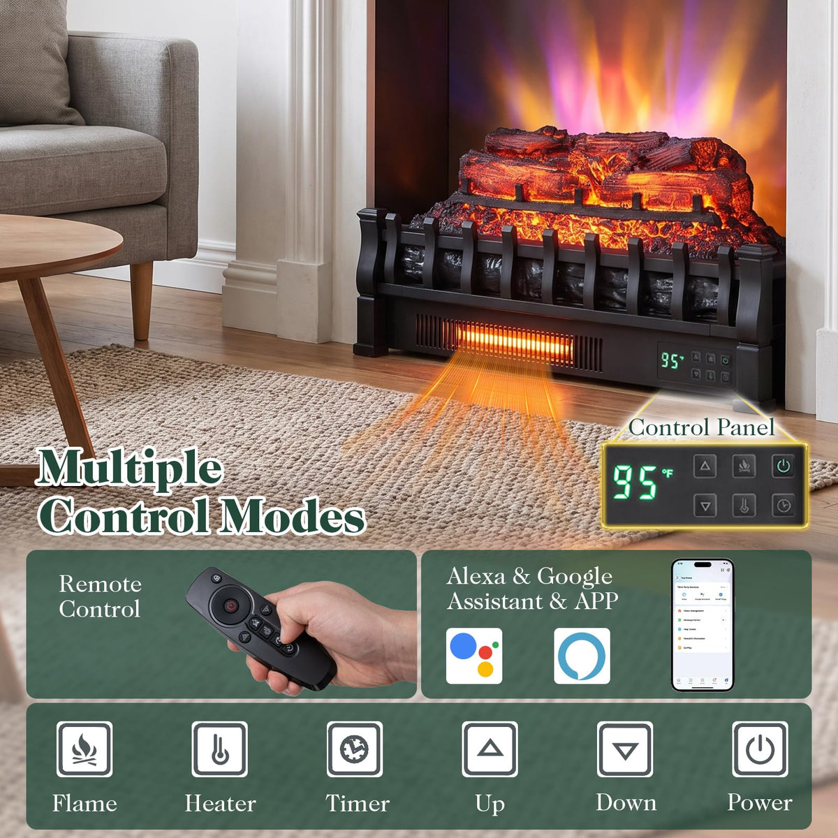 Tangkula 23" WiFi Fireplace Insert Pinewood Set with App and Remote