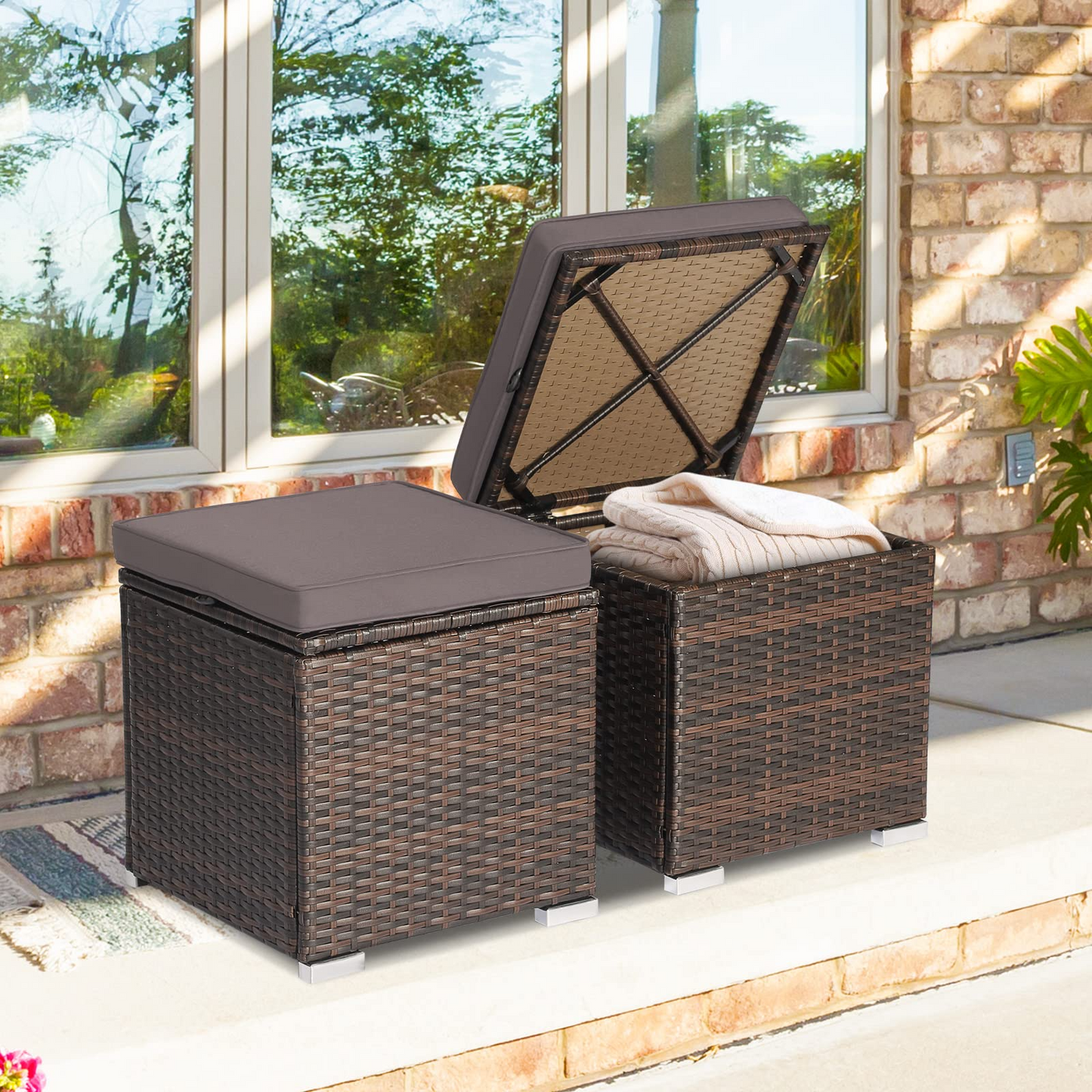 Tangkula 2 Pieces Patio Ottomans, Patiojoy Hand-Woven PE Rattan Side Table with Removable Cushion & Hidden Storage Space