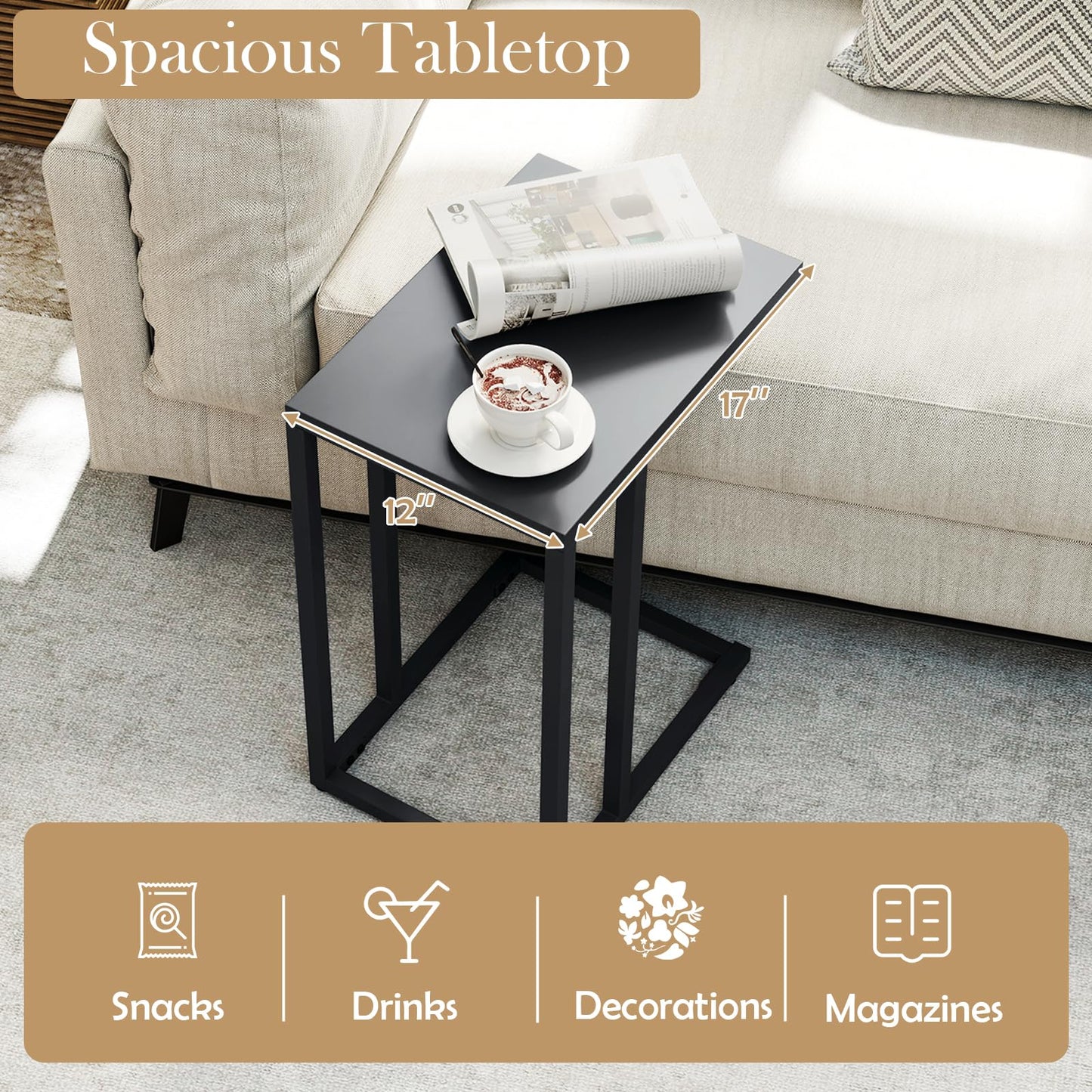 Tangkula C Shaped Side Table for Living Room Bedroom Patio Balcony