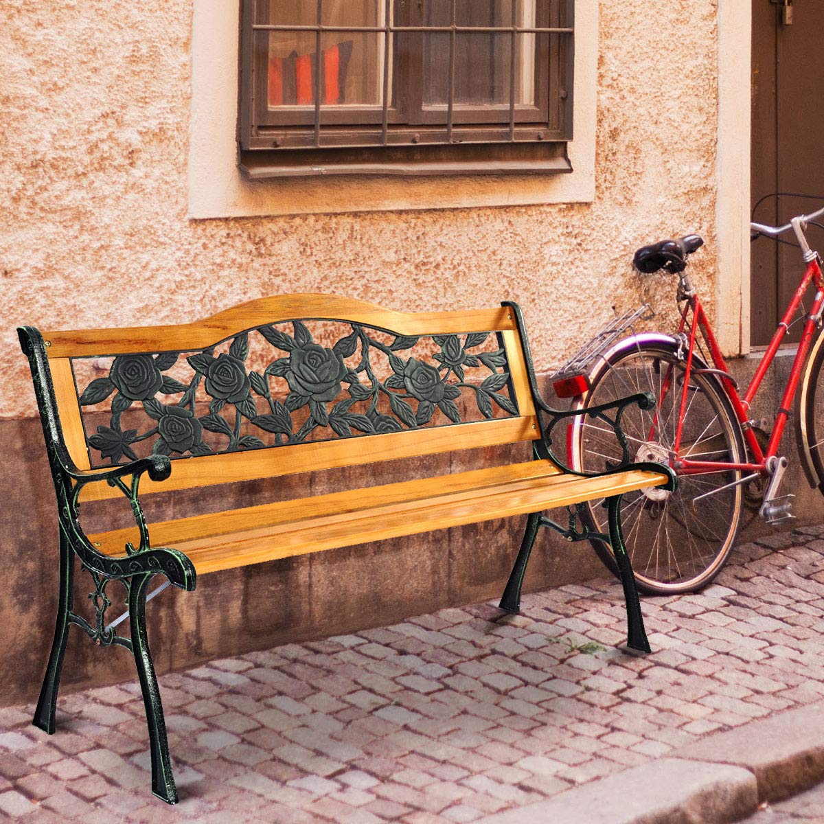 Tangkula Outdoor Garden Bench Park Bench, Patio Bench Chair with Cast Iron & Hardwood Structure