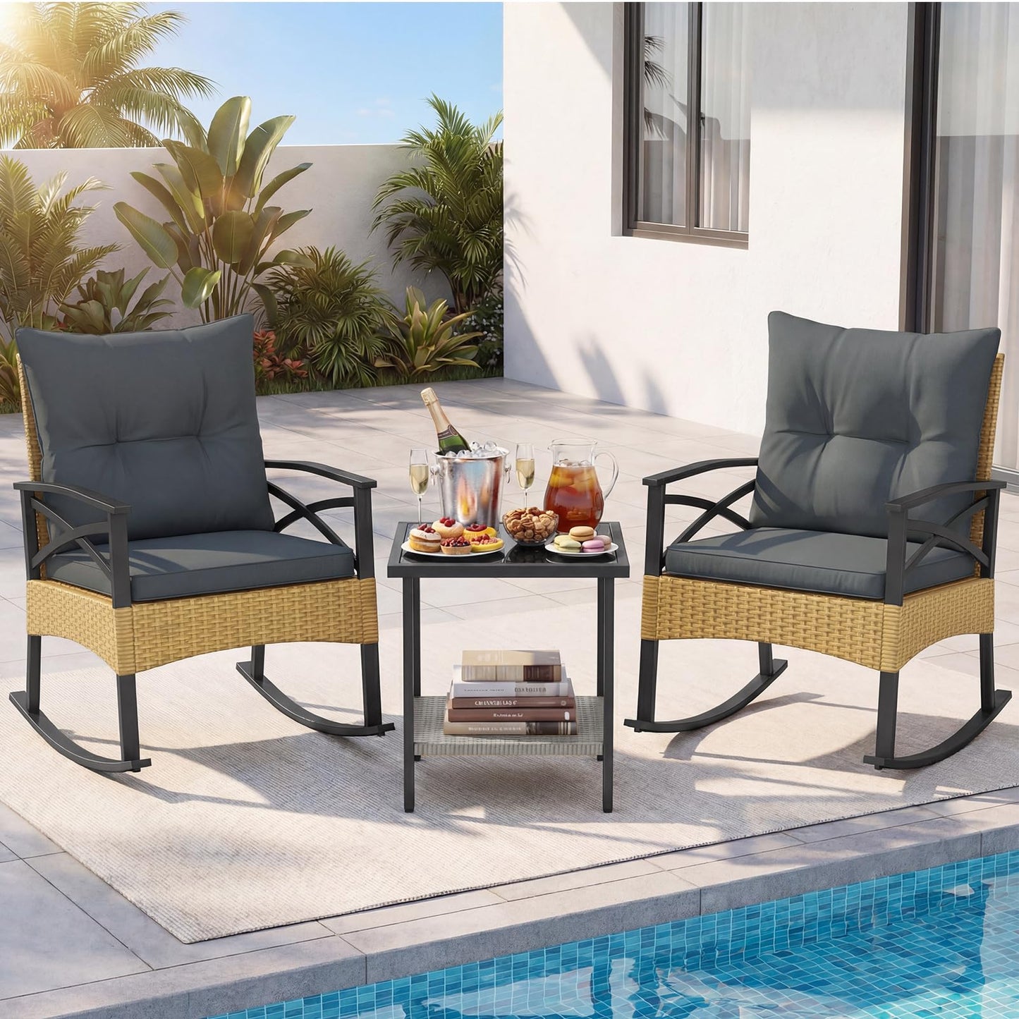Tangkula Lot de 3 fauteuils à bascule robustes en rotin avec coussins