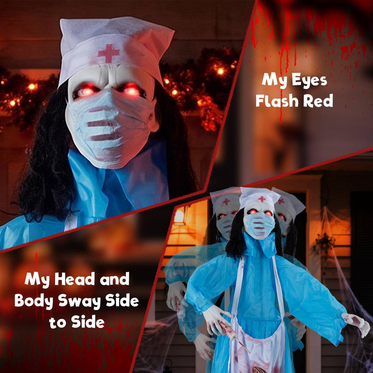 Tangkula 6.1 FT Halloween Standing Animatronics Zombie Nurse Holding Syring