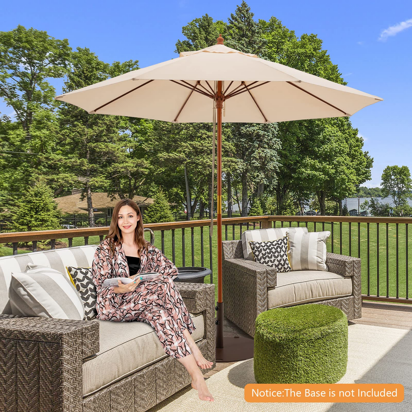 TANGKULA 9.5 FT Pulley Lift Round Patio Umbrella, Wooden Market Umbrella