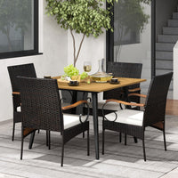 Tangkula Ensemble de salle à manger d'extérieur 5 pièces en rotin synthétique, table à manger carrée en bois d'acacia de 108 cm et chaises avec coussins