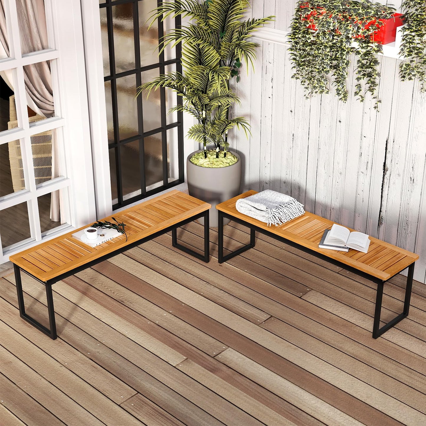 Tangkula Patio Dining Bench, 2-3-person Backless Bench with Slatted Seat & Metal Legs, Indoor Outdoor Bench for Entryway