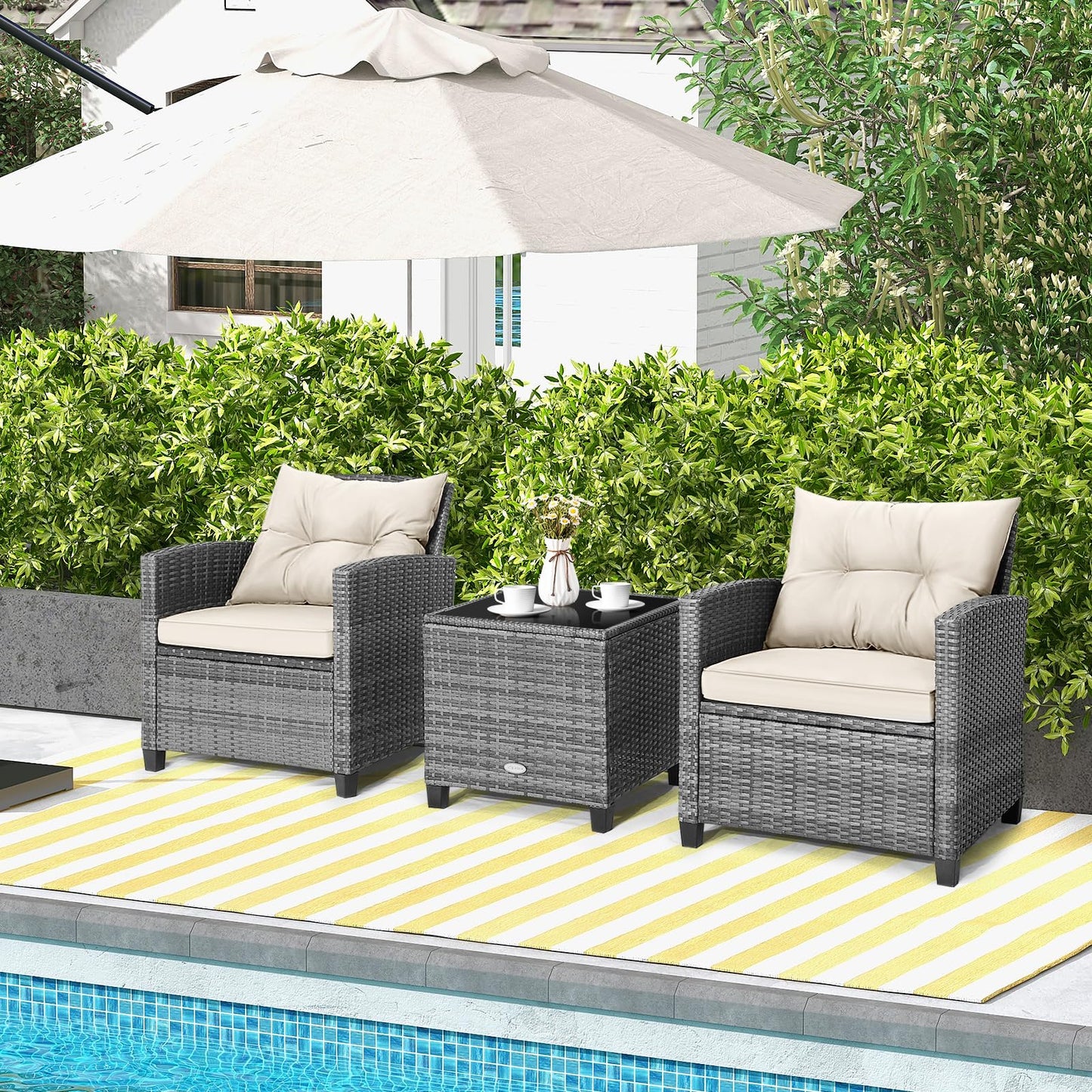 Tangkula PE Rattan Wicker 3 Pcs Outdoor Sofa Set w/Washable Cushion and Tempered Glass Tabletop