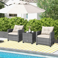 Tangkula PE Rattan Wicker 3 Pcs Outdoor Sofa Set w/Washable Cushion and Tempered Glass Tabletop