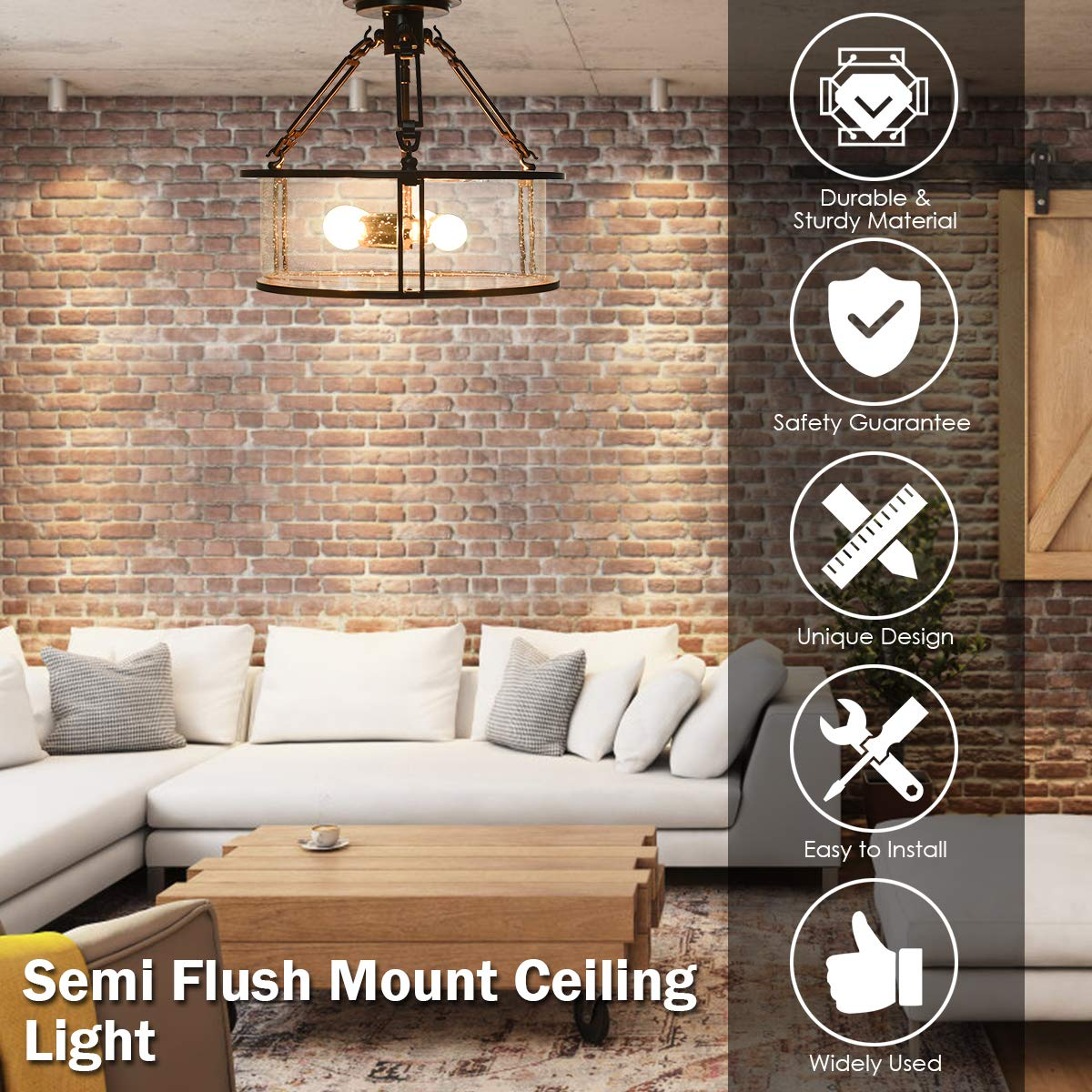 Plafonnier Tangkula Semi Flush Mount, plafonnier 3 lumières avec abat-jour en verre bullé
