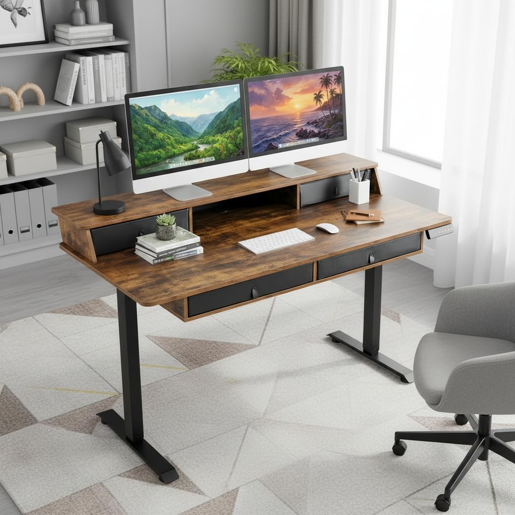 Tangkula 55-Inch Electric Standing Desk with 4 Storage Drawers & Monitor Stand