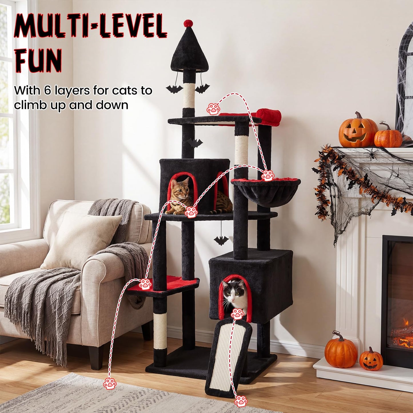 Tangkula 75" Tall Halloween Cat Tower with Sisal Scratching Posts & Ramp