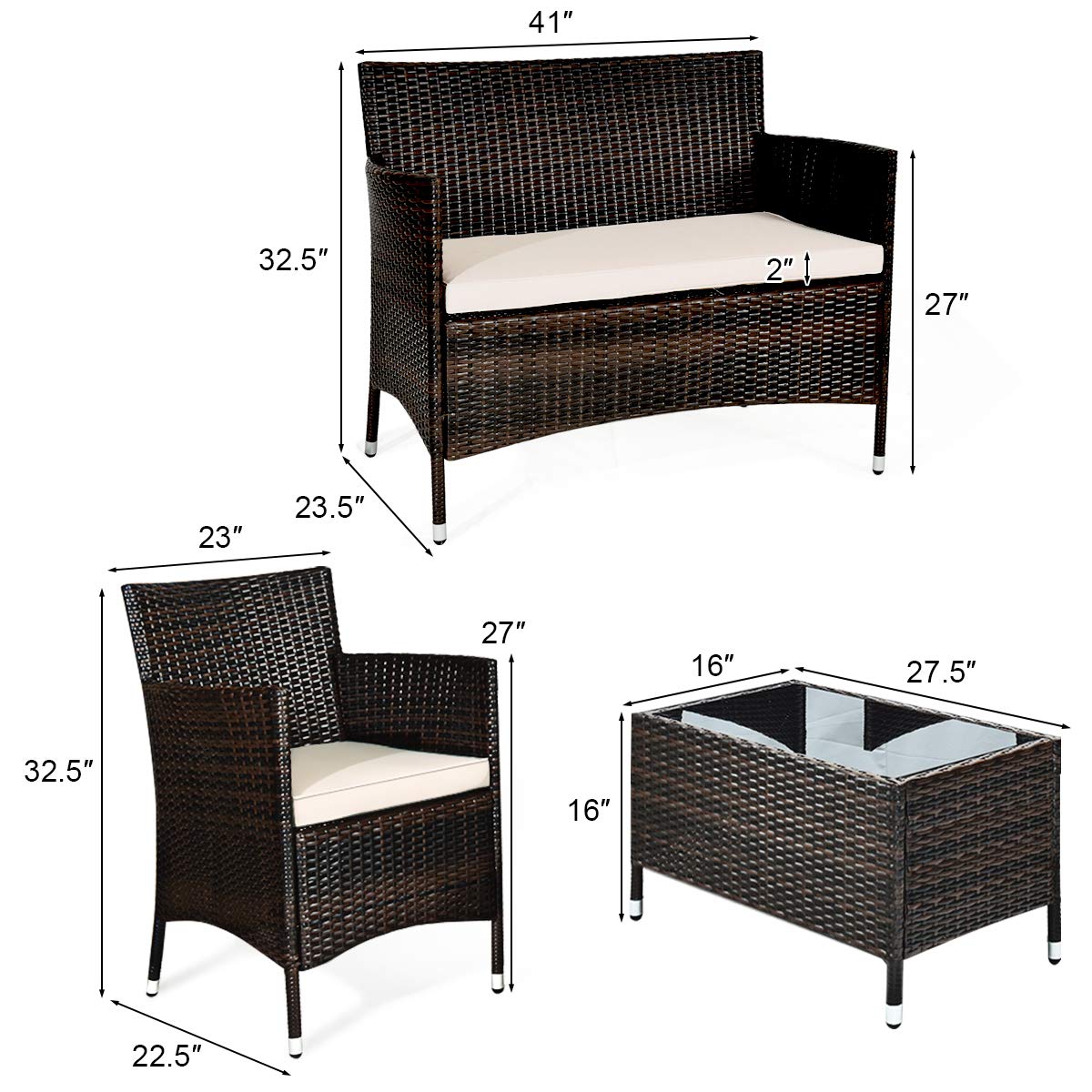 Tangkula 4-Piece Rattan Patio Furniture Set, w/Tempered Glass Coffee Table