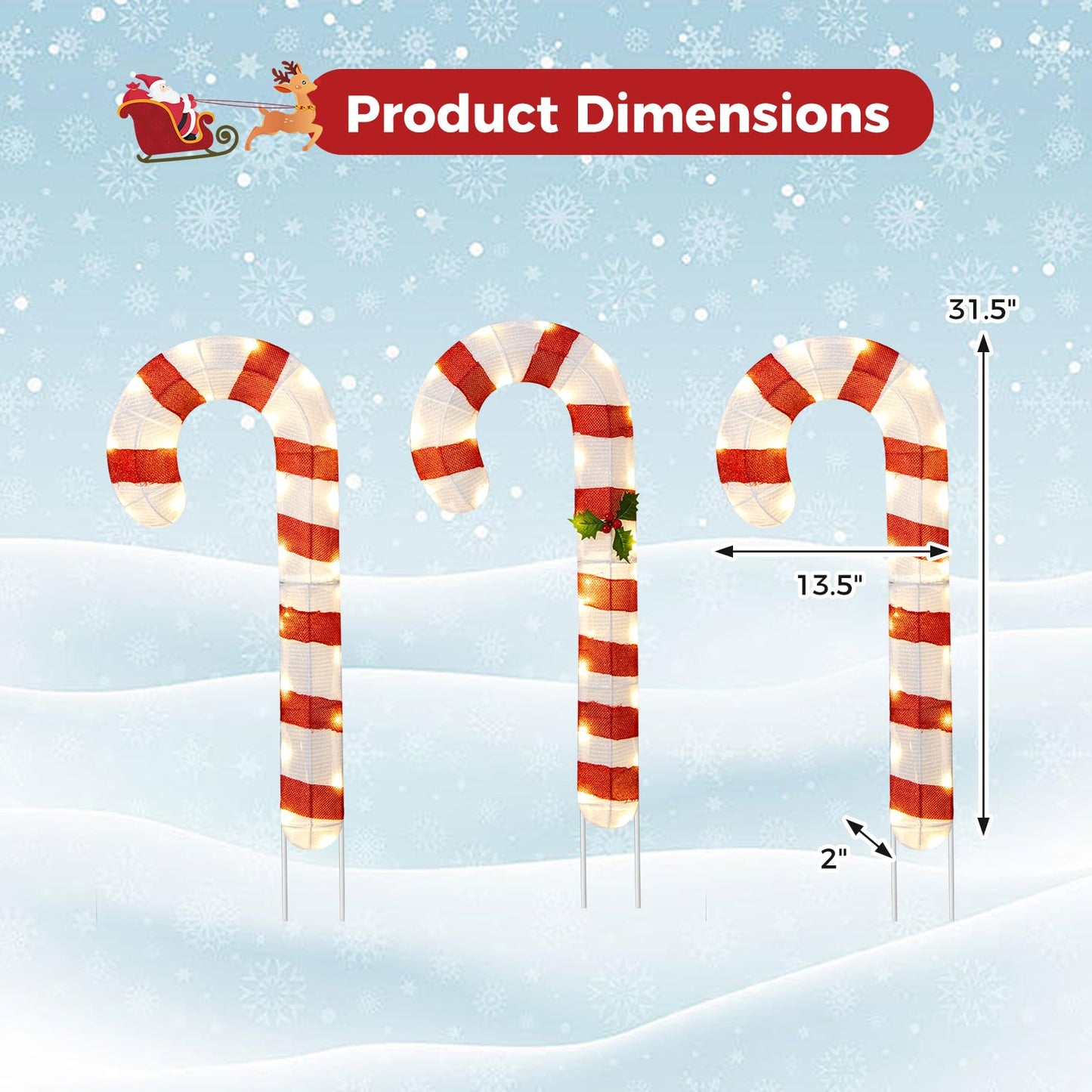 Tangkula 3 Pieces Christmas Lighted Outdoor Candy Canes, 31.5” Pre-Lit Xmas Yard Signs with 75 LED Lights