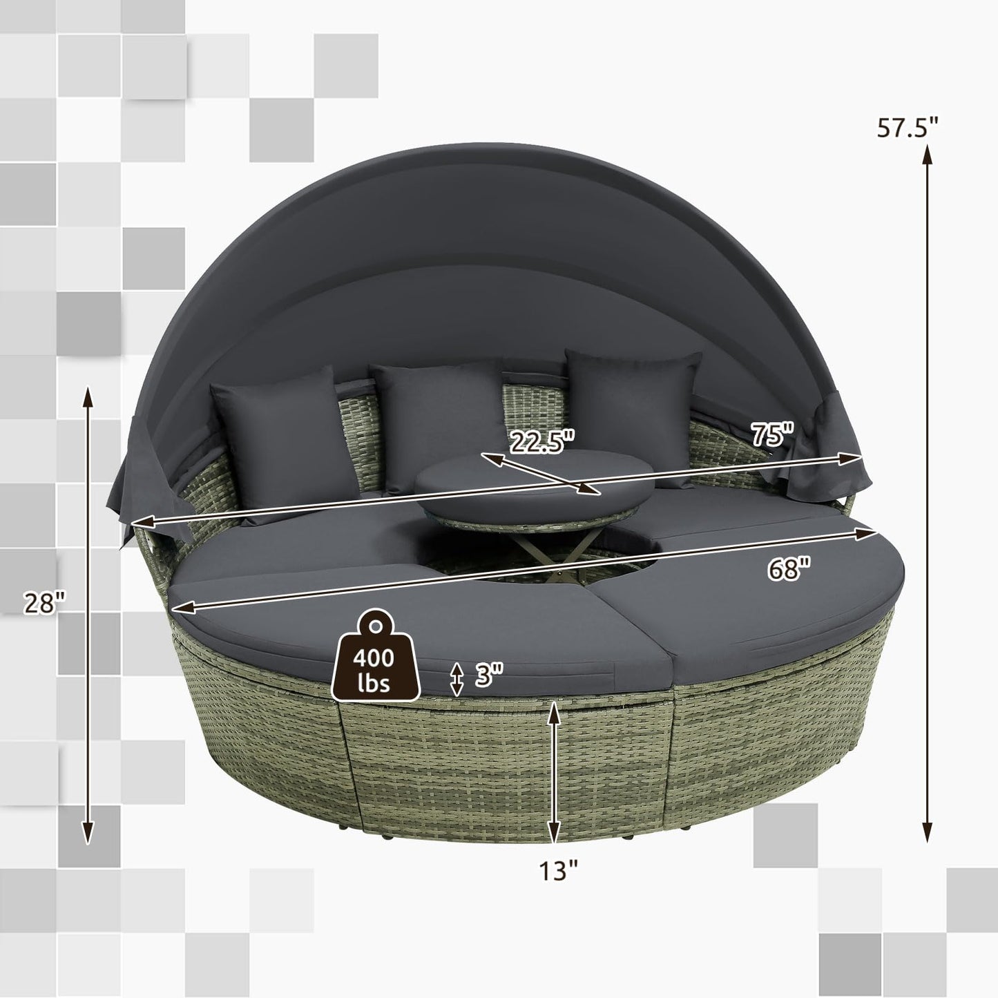 Tangkula Patio Round Daybed with Retractable Canopy