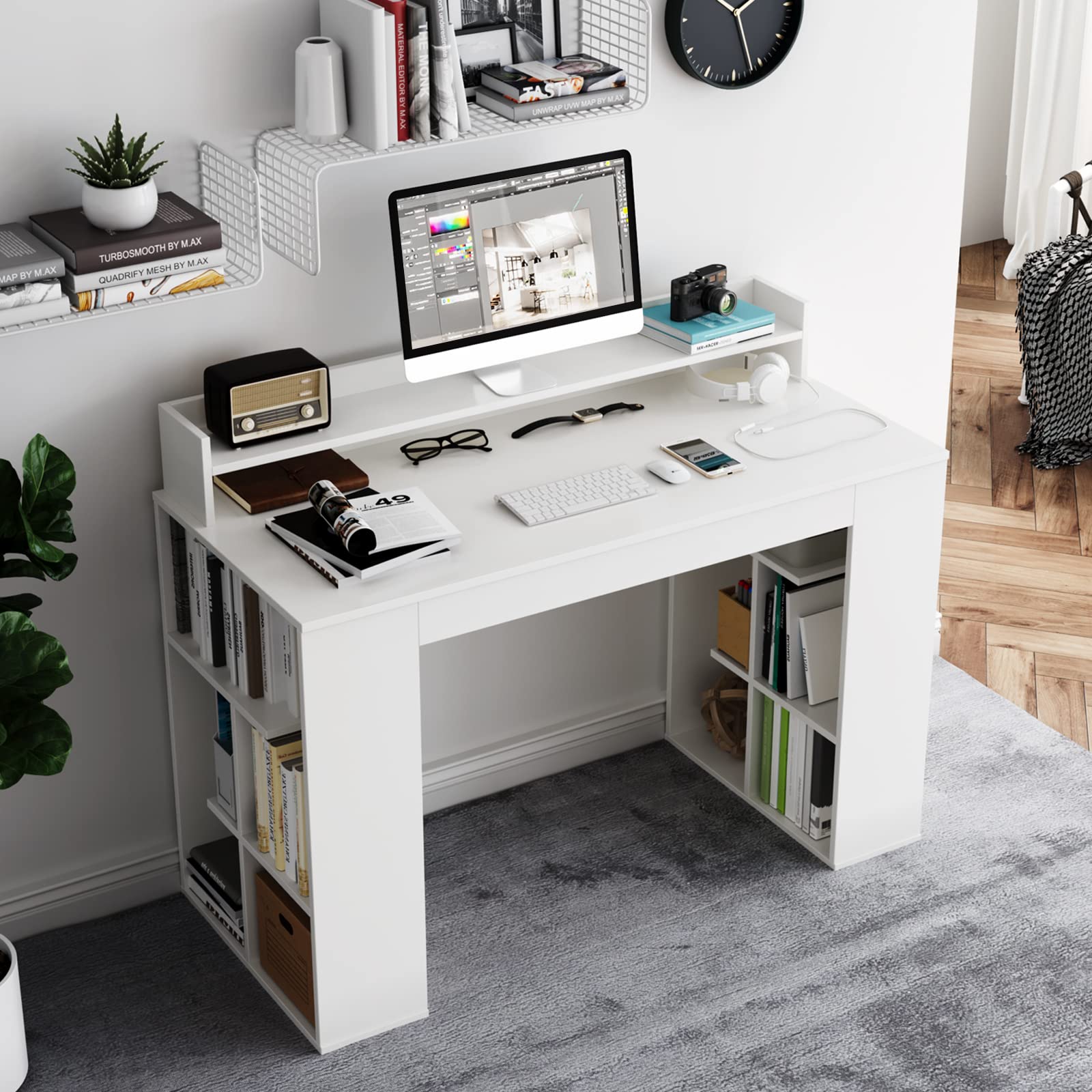 48" White Desk with Storage Bookshelf - Tangkula