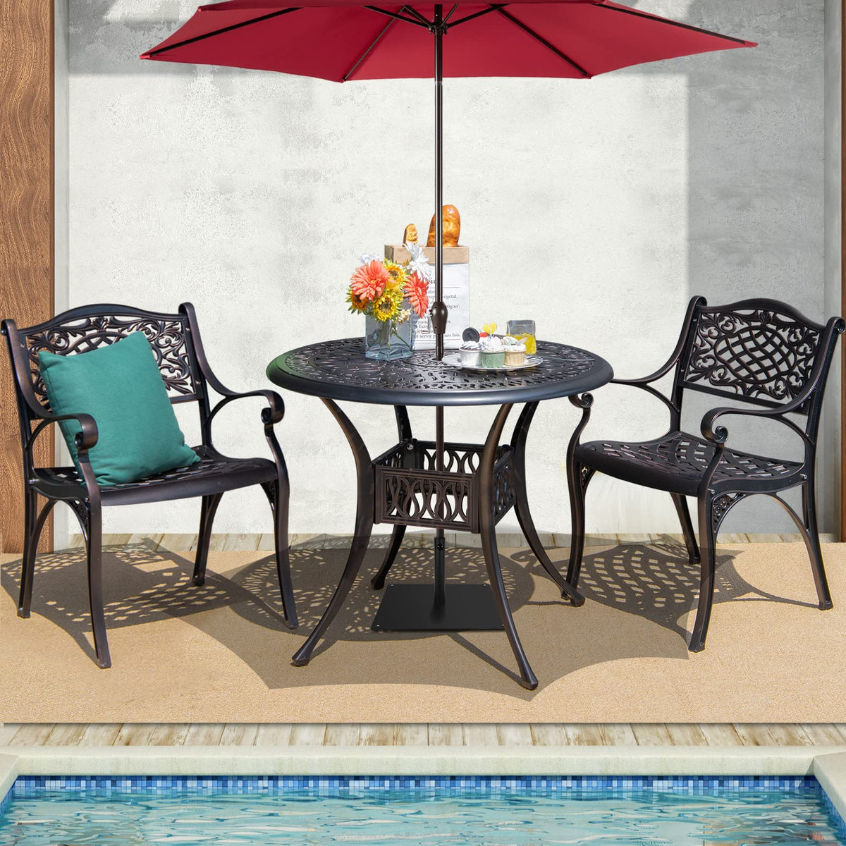 Tangkula Ensemble de bistrot 3 pièces en fonte d'aluminium pour patio, meubles de table et chaises d'extérieur pour porche et balcon