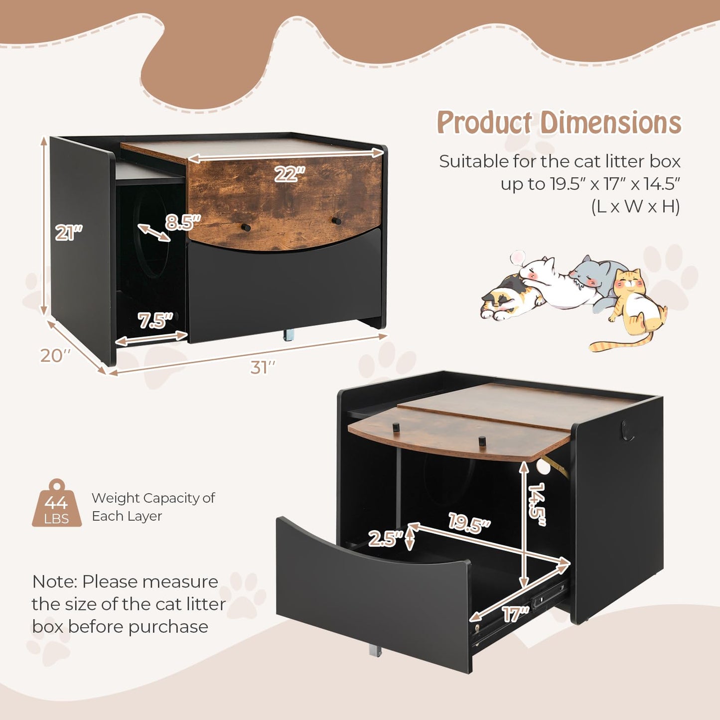 Tangkula Litter Box Enclosure, Hidden Cat Washroom with Pull-Out Drawer, Rolling Caster, Flip Door (Black+Rustic Brown)