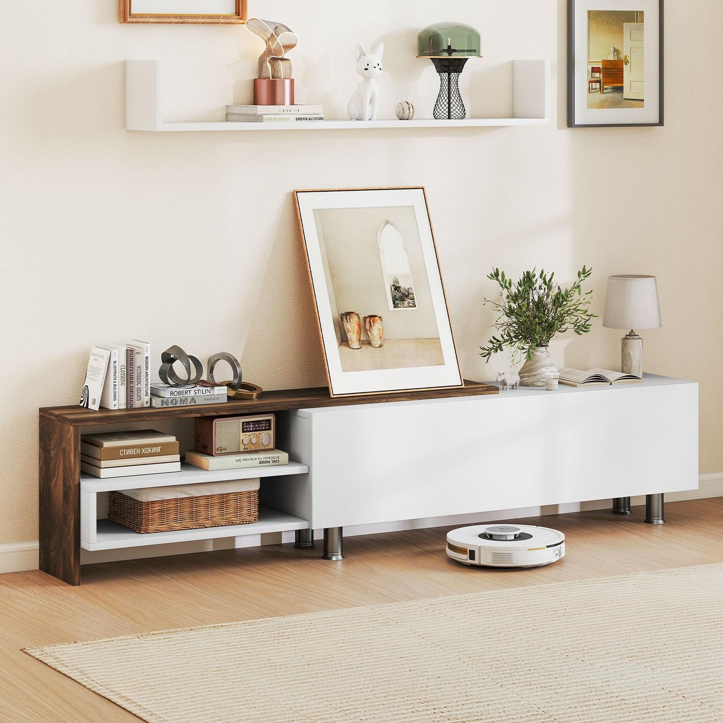 Tangkula White TV Stand with 2 Wall Shelves for Living Room