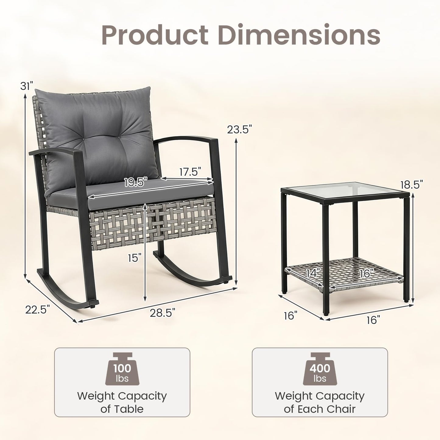 Tangkula 3-Piece Outdoor Rocking Chair Set for Garden