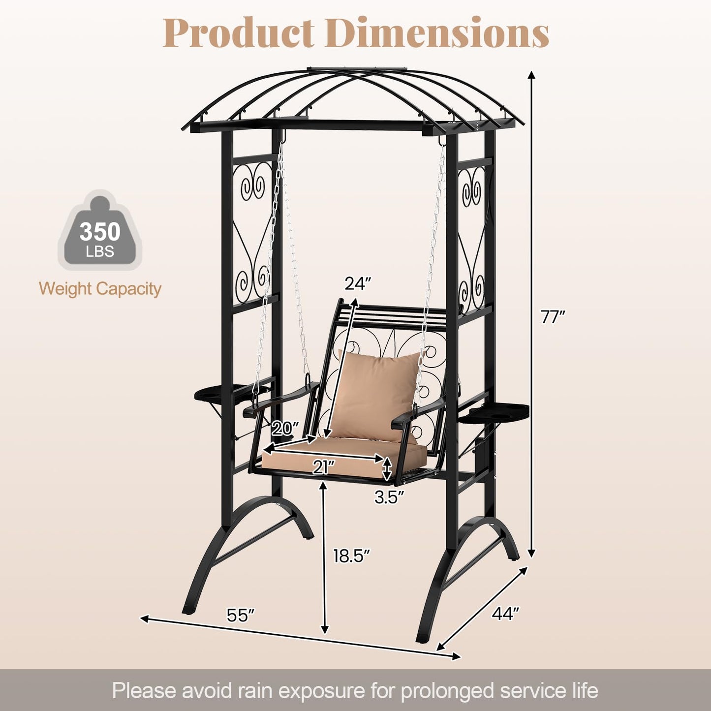Balançoire de porche à cadre métallique Tangkula avec treillis en arc, coussins amovibles et tables d'appoint