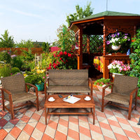 Tangkula 4 PCS Patio Acacia Wood Rattan Conversation Set