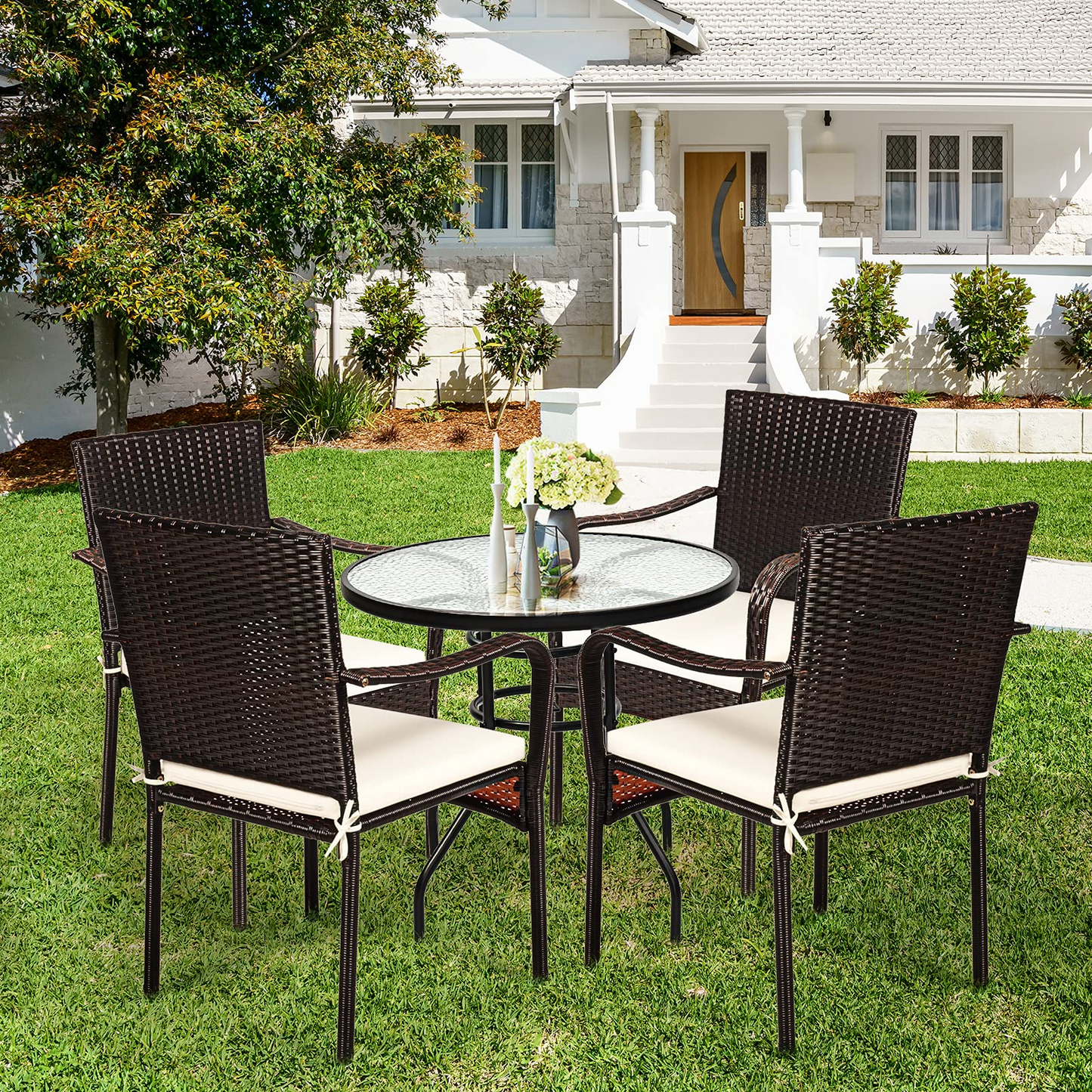 4 Pieces Patio Rattan Dining Chairs, Outdoor Stackable Wicker Chairs with Comfortable Cushions and Armrests