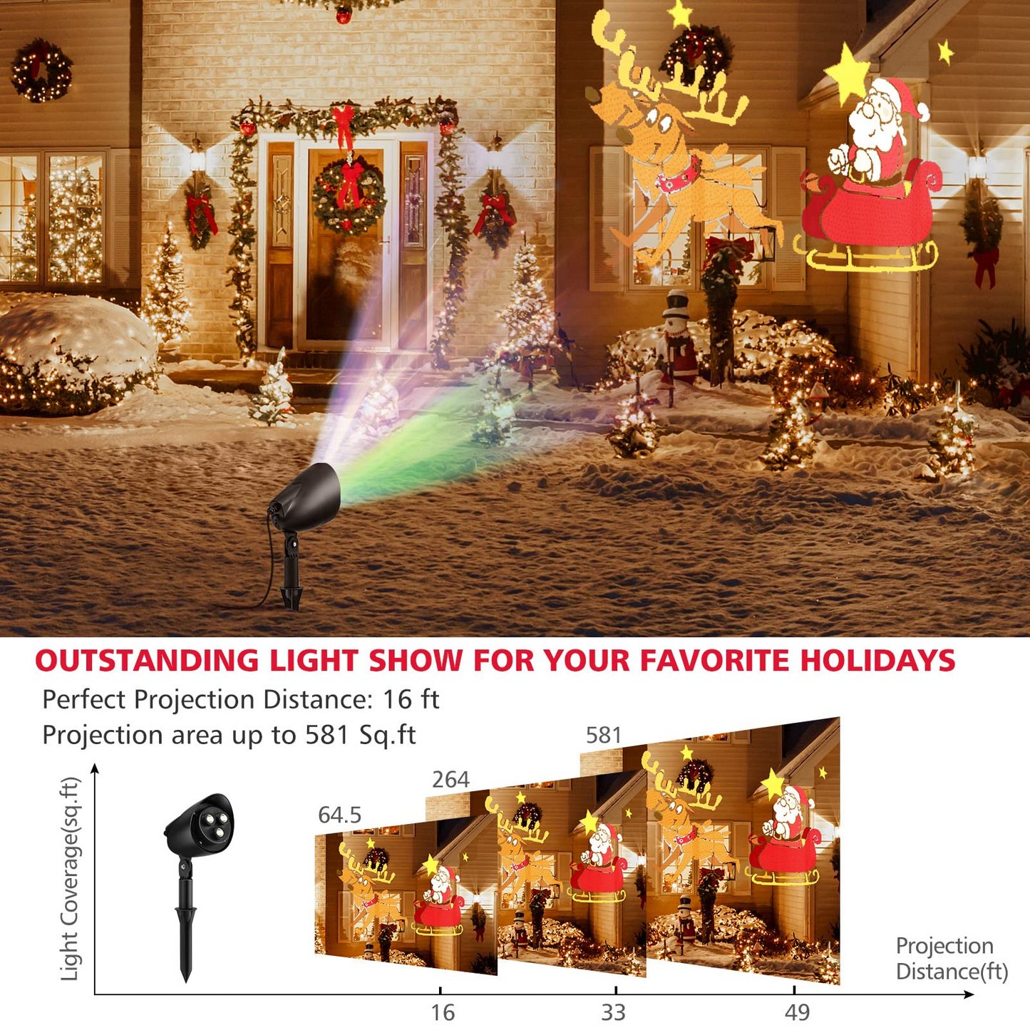 Tangkula Christmas Santa Claus on Sleigh Projector Light, Rotating LED Projection Lamp with 60-degree Adjustable Angle