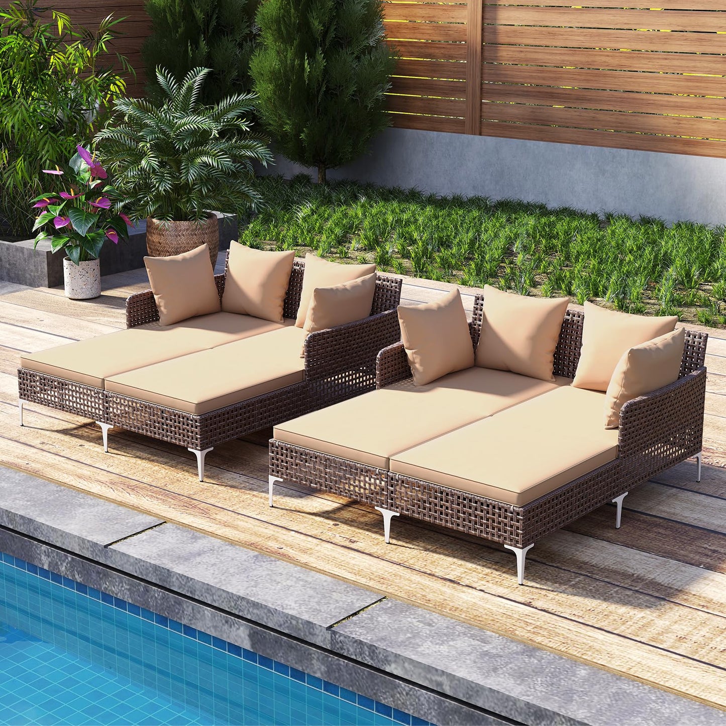 Tangkula Wicker Chaise Lounge for 2 with Seat & Back Cushions