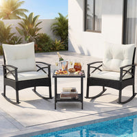 3 Pieces Rattan Outdoor Rocking Chairs Set with 2-Tier Tempered Glass Coffee Table