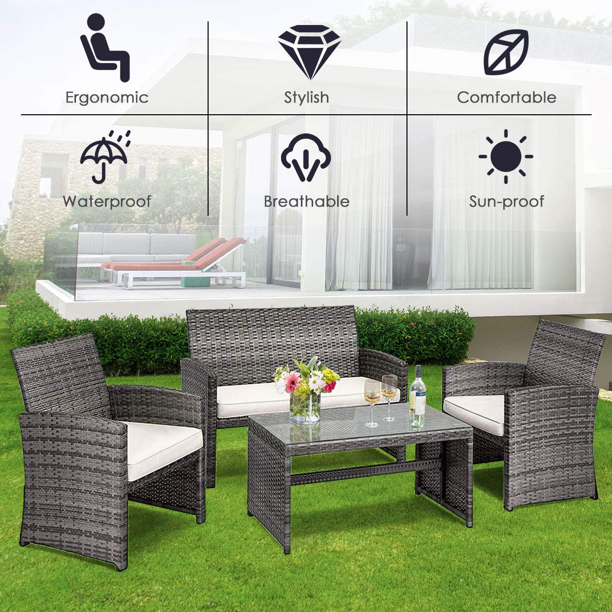 Tangkula 4/8 PCS Wicker Patio Conversation Set, Outdoor Rattan Sofas with Table Set