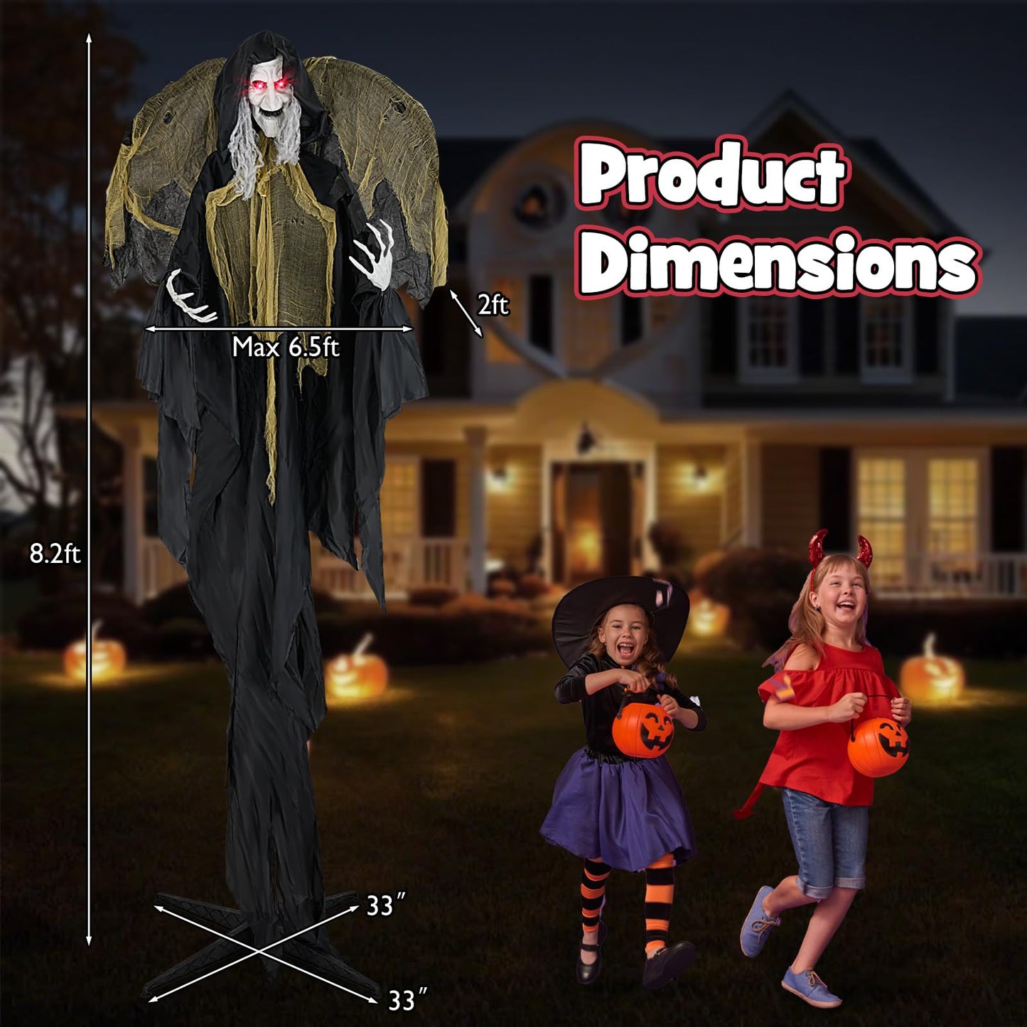 Tangkula 8.2 FT Halloween Animatronics Standing Witch with Wings, Voice Activated Ghost with Lighted Eyes