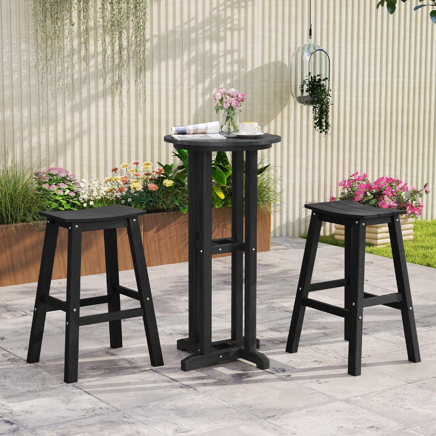 Tangkula Patio Bar Stools Set 29 Inch HDPE Bar Height Armless Saddle Stools with Curved Seat & Footrests