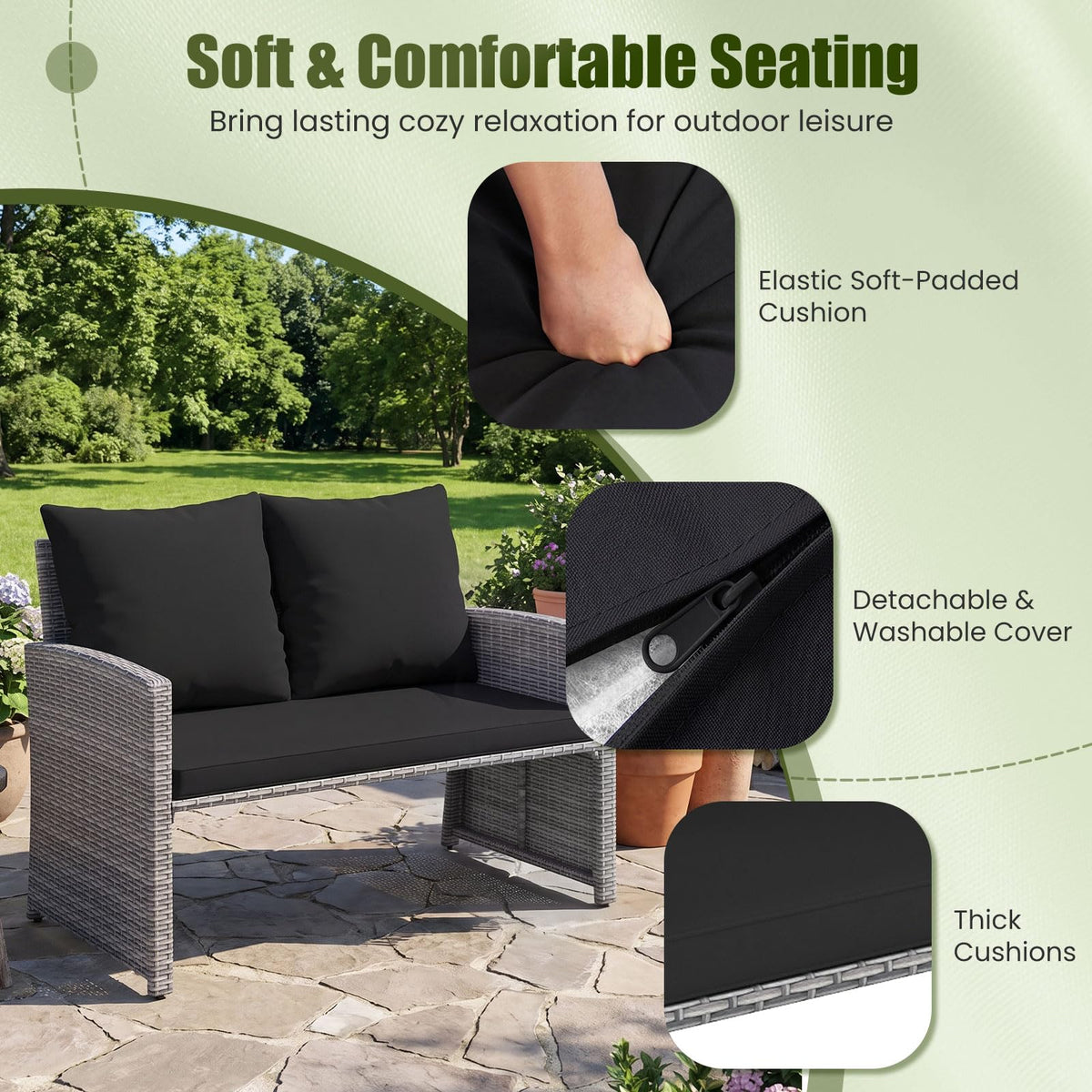 Tangkula Outdoor Loveseat with 2 Ottomans