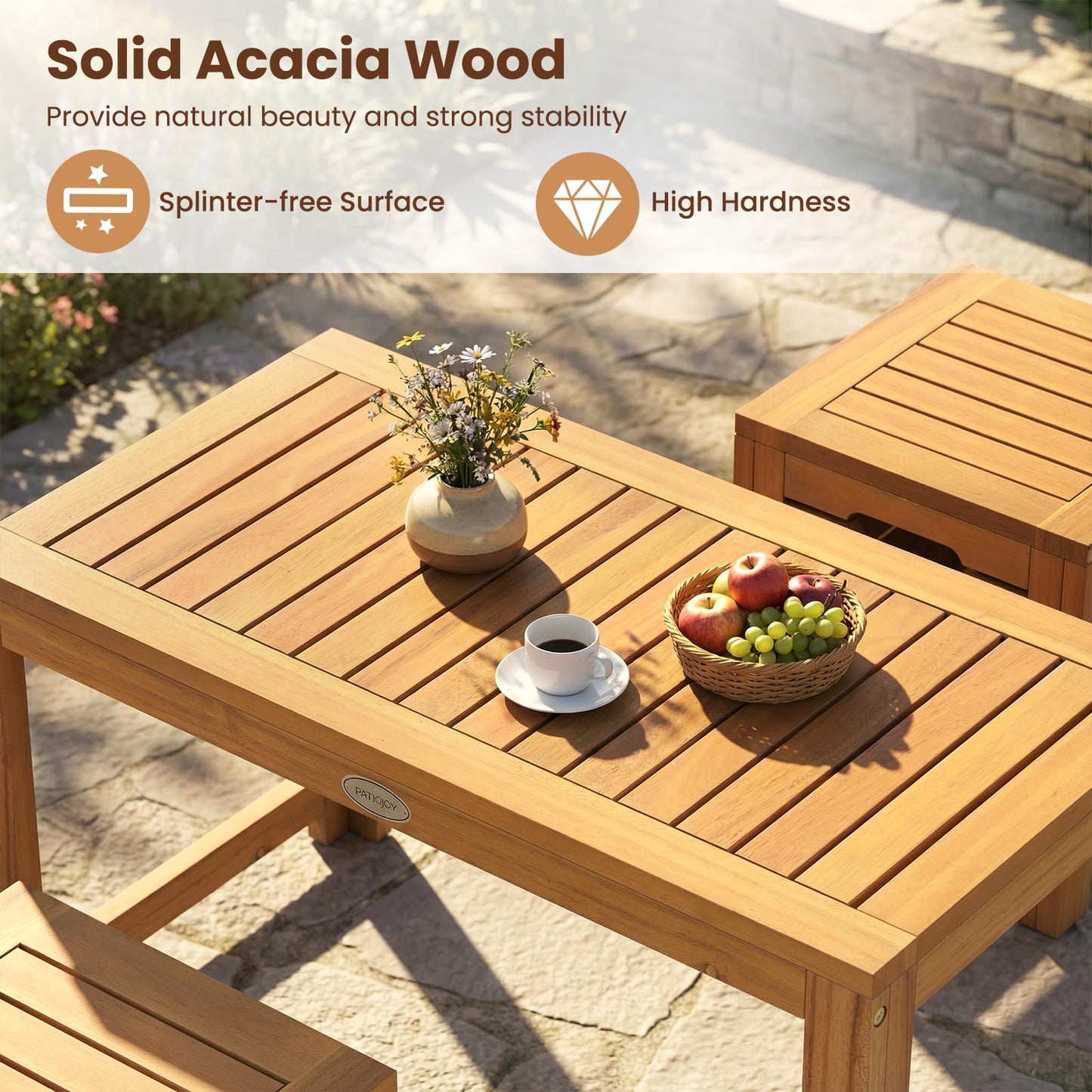 Tangkula Acacia Wood Outdoor Coffee Table with Stools Set of 2