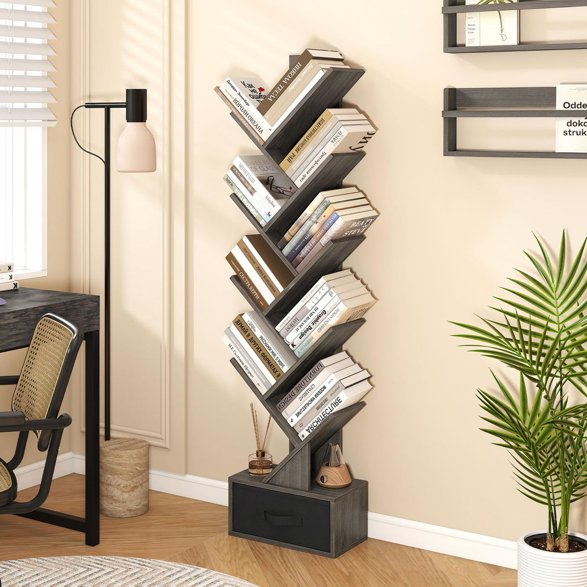 Tangkula Tree-Shaped Bookshelf with Folding Fabric Drawer