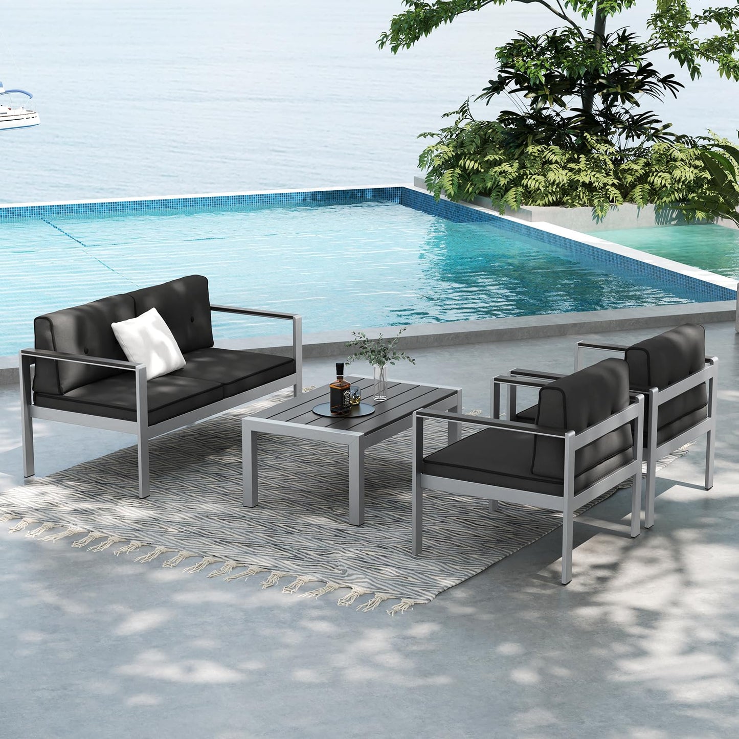 Tangkula Patio Aluminum Loveseat Sofa, Contemporary 2-Person Sofa Chair with WPC Armrests